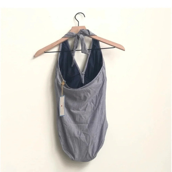 New Draper James x Helen Jon Keyhole navy Gingham Halter swimsuit one piece - Picture 8 of 16